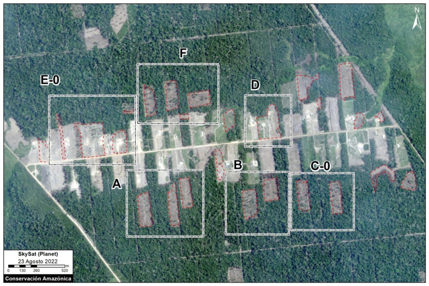 Mapa Base de la reciente deforestación en la colonia menonita Padre Márquez.Datos: Planet/Skysat, MAAP.